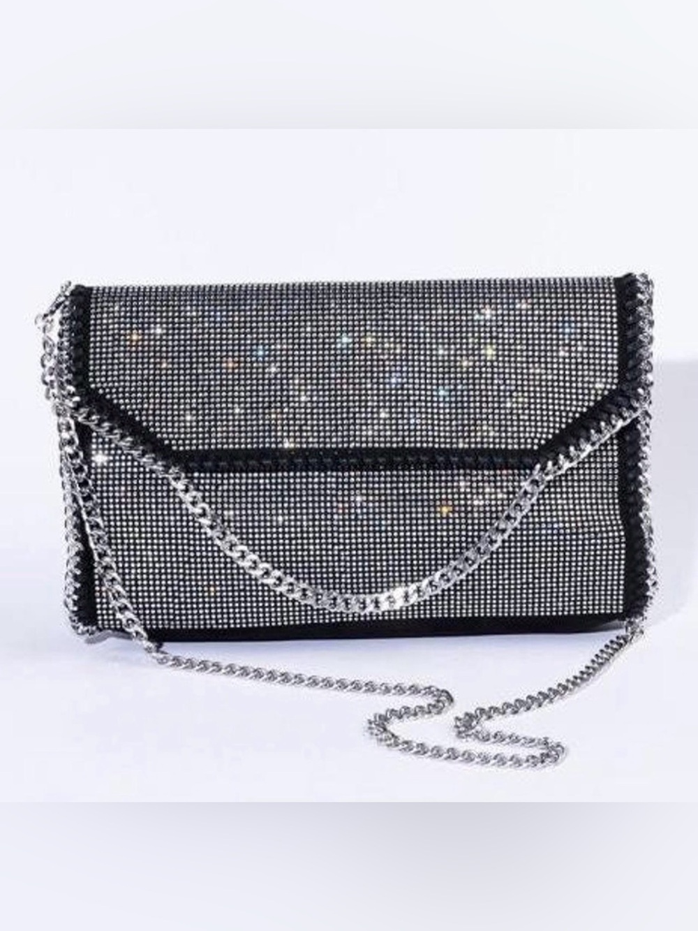 NWT Azalea Wang Black Rhinestone Disco Party Envelope Clutch Bag Crossbody Chain